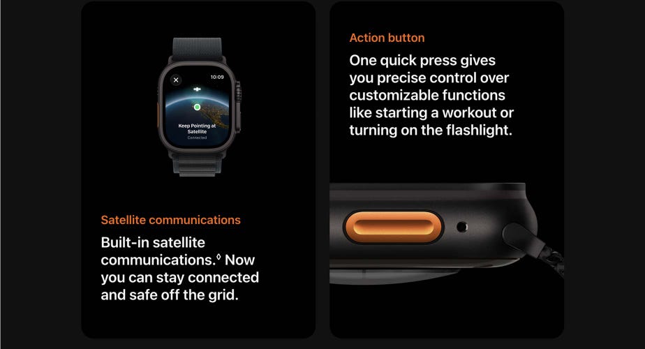 Satellite communications. Built‑in satellite communications.◊ Refer to legal disclaimers.Now you can stay connected and safe off the grid. Action button. One quick press gives you precise control over customizable functions like starting a workout or turning on the flashlight.