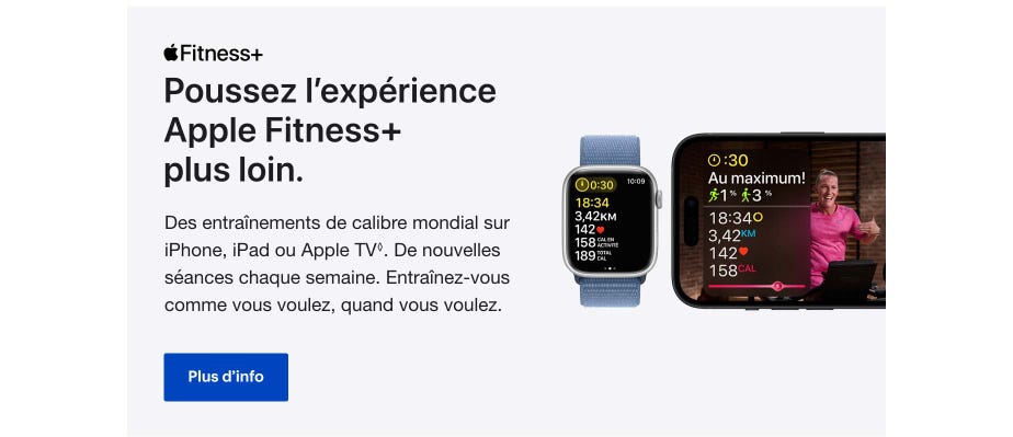 Poussez l’expérience Apple Fitness+ plus loin. Des entraînements de calibre mondial sur iPhone, iPad ou Apple TV. Mention légale. De nouvelles séances chaque semaine. Entraînez-vous comme vous voulez, quand vous voulez. Plus d'info