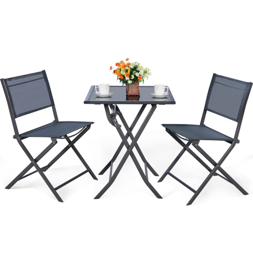 Tan Best Choice Products 3-Piece Patio Bistro Dining Furniture Set w/Round Textured Glass Table Top 2 Foldable Chairs 