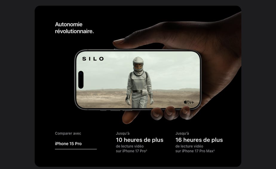 Autonomie révolutionnaire. Comparer avec"autonomie d’iPhone 17 Pro"  iPhone 15 Pro. Jusqu’à  10 heures de plus  de lecture vidéo sur iPhone 17 Pro. Lisez l’avis de non-responsabilité. Jusqu’à  16 heures de plus  de lecture vidéo sur iPhone 17 Pro Max. Lisez l’avis de non-responsabilité.