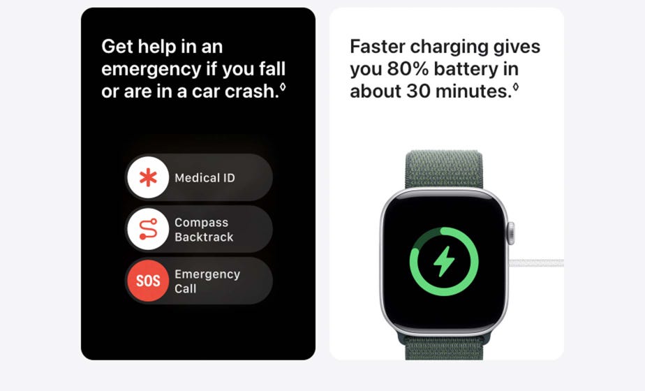 Get help in an emergency if you fall or are in a car crash. Read disclaimer. Faster charging gives you 80% battery in about 30 minutes. Read disclaimer.