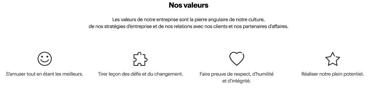 Les valeurs de notre entreprise sont la pierre angulaire de notre culture, de nos stratégies d’entreprise et de nos relations avec nos clients et nos partenaires d’affaires.